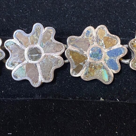 Vintage Mexican Sterling Silver & Stone Flower Bracelet - Picture 7 of 16